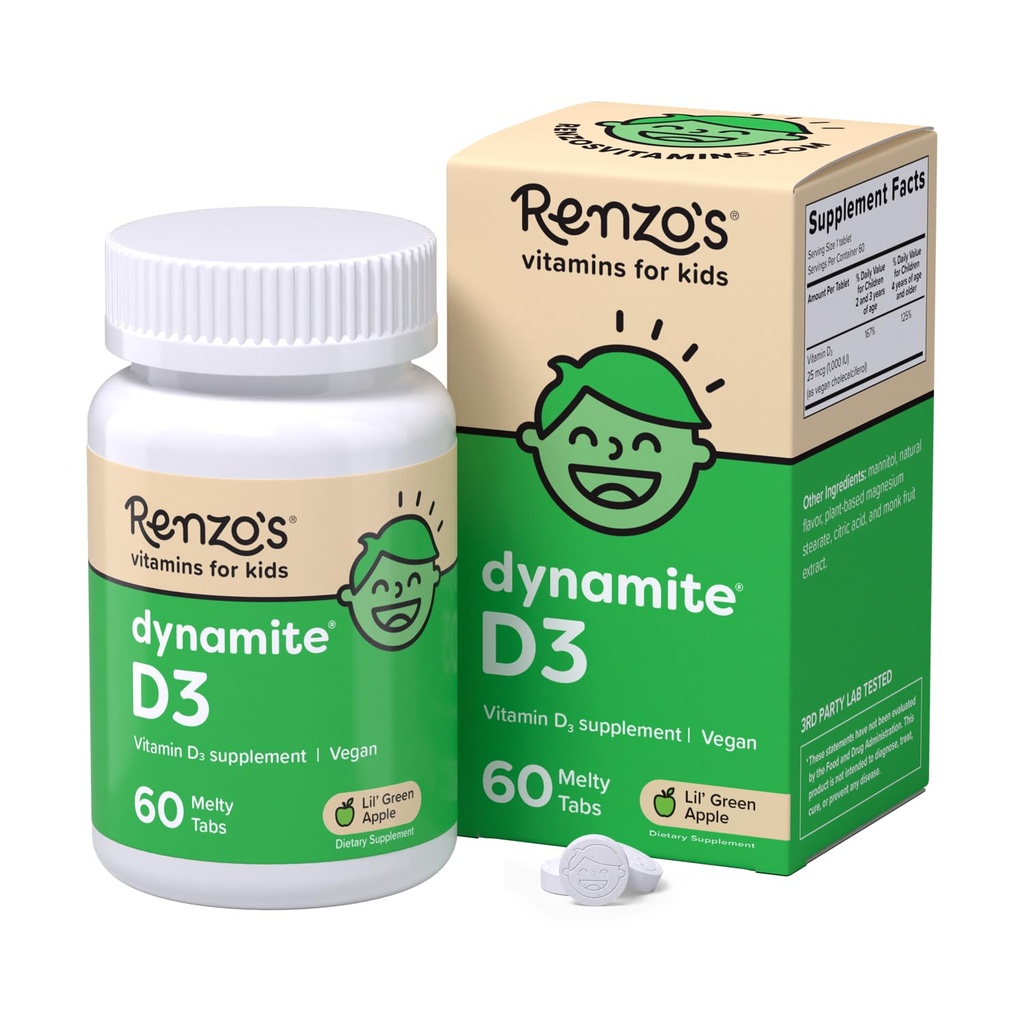 Renzo je Dynamit Vitamín D3, Rozpúšťa deti Vitamín D3, 60 Melty bez cukru Tabs, Lil