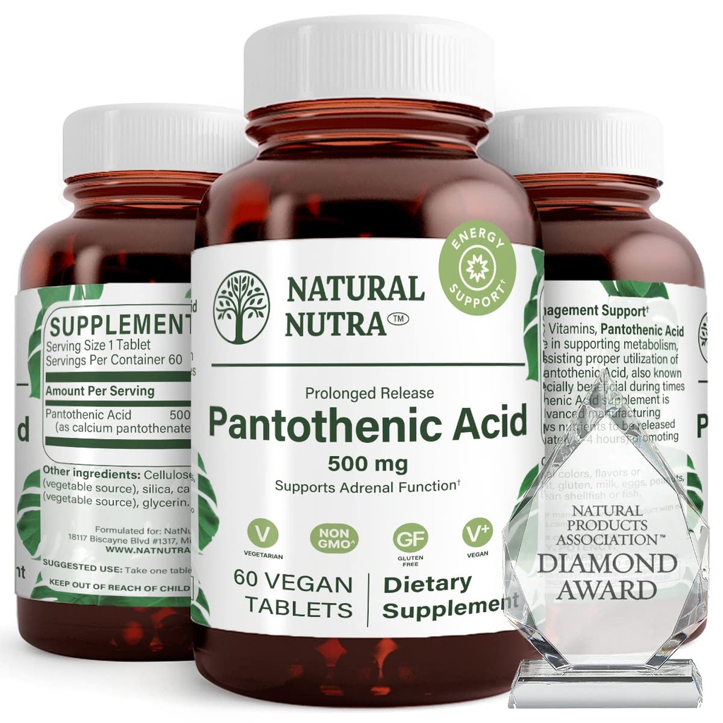 Prírodné Nutra Time Release Kyselina pantoténová 500 mg, Vitamín B5 doplnok pomáha zlomiť tuk a karbohydráty, Metabolizmus a energia, zlepšenie svalového zdravia, zníženie kože spoty, 60 Vegetariánske tablety