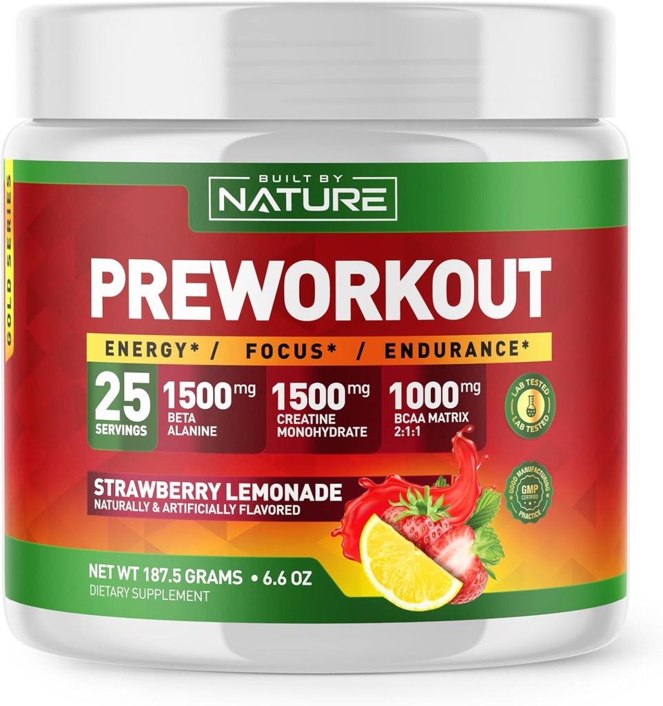 Postavený nature Pre Cvičenie Powder s Beta Alanine, Kreatín Monohydrát, BCAA, L Citruline, L Arginine a Caffeine - Strawberry Lemonade Flavor - 25 Serviv
