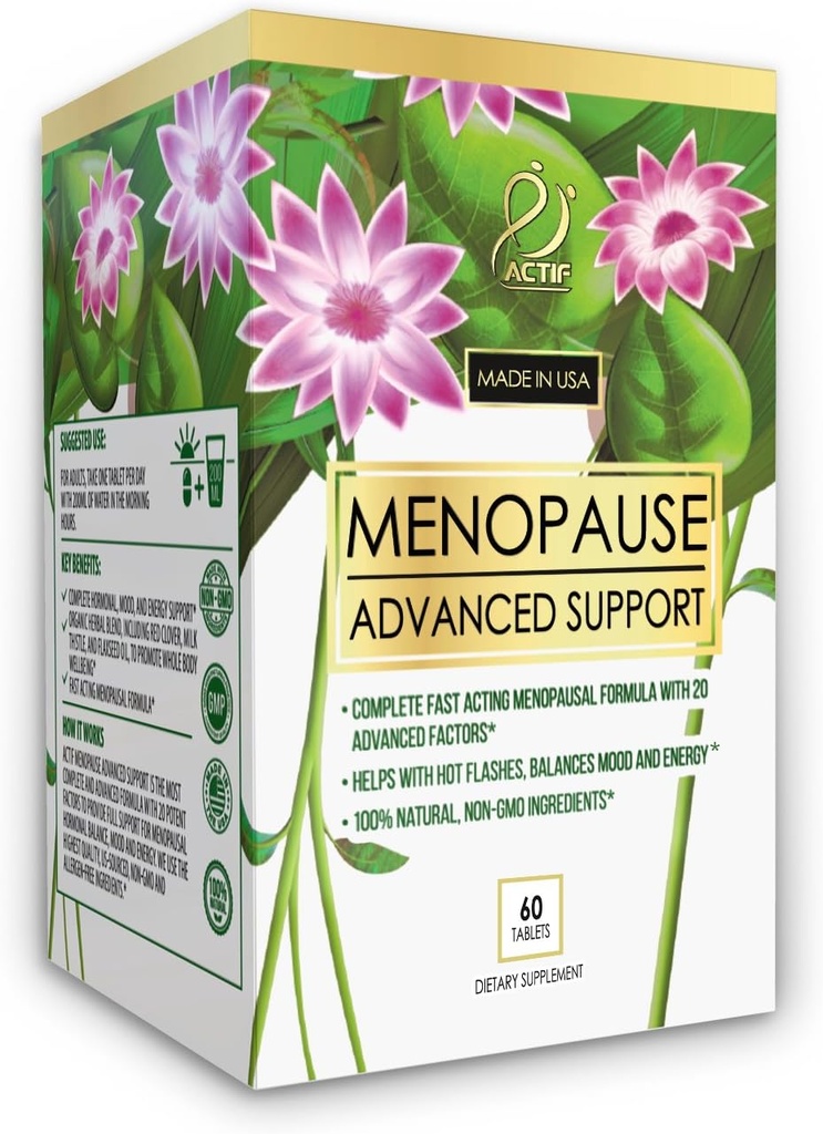 Actif Menopauza Pokročilá podpora s 20+ Organické vitamíny a bylinky - Relives Hot Flash, Nočné potenie - Non GMO, Rýchle pôsobenie, Made in USA, 60 Gróf