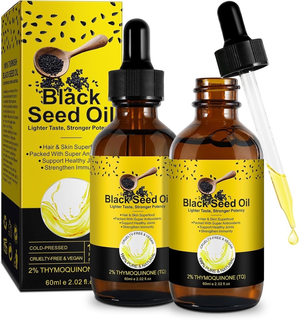 Čierny olej zo semien 2BALENIE, 100% Pure Black Seeds Oil Cold Pressed Nerafinovaný, Bohatý na vitamín D3, K2 & E, Čierny Seed Oil Supplement Drop pre imunitnú podporu, non-GMO (2x60ml)