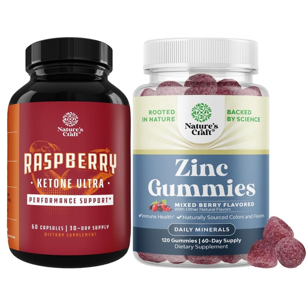 Bundle of Raspberry Ketones, Green Tea Extract & African Mango Blend a Extra Strength Zinok Gumies pre dospelých - Silné zložky na urýchlenie chudnutie, lepidlo a želatína zadarmo