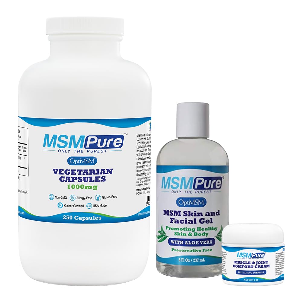 KALA ZDRAVIE MSMPure Starter Bundle s MSM Kapsule 250 Počet, MSM svalový a kĺbový krém 2oz a MSM gél s organickým Aloe 8oz