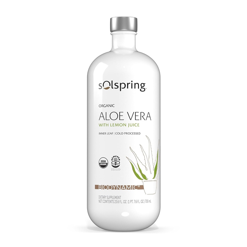 Solspring Biodynamic Organic Aloe Vera Juice with Lemon, 23,6 Fl. Oz. (700 ml), Nepasterized, Certified USDA Organic, Regenerative, non-GMO, Gluten Free, Soy Free, Dr. Mercola