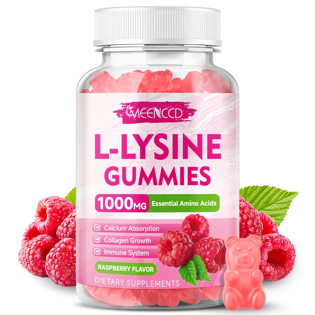 L-lyzín 1000 mg Gummy, Lyzín Supplement for Adults & Kids, Essential Amino Acid Supplement for Lips & Oral Health, Boost Immune & Collagen & Calcium, Sugar-Free, Malinová príchuť, 60 Počet