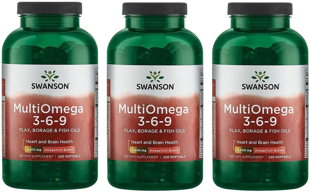 Swanson MultiOmega 3-6-9 - Non-GMO Ľanový olej, Borage olej, '&' Rybí olej Kapsule - Essential Mastné kyseliny podporujúce Kardiovaskulárne zdravie '&' Zdravie mozgu - (220 Softgels, 2400mg Serving) 3 fľaše