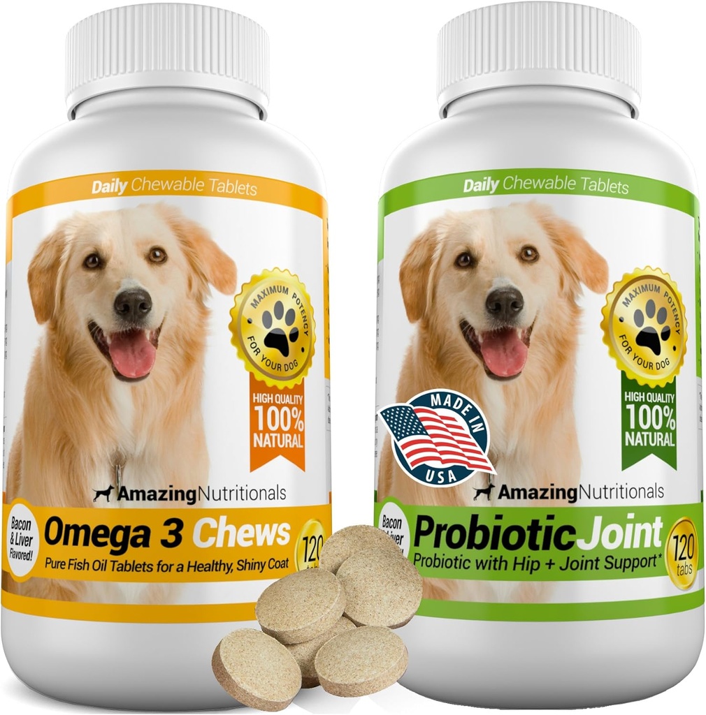 Amazing Combo Omega-3 Fish Oil and Probiotics for Dogs - Pure All-Natural Pet Antioxidant - Podporuje lesklé Coat, Brain Health, Eliminuje hnačka Plyn a bolesť kĺbov, 120 Chutné Chews x 2