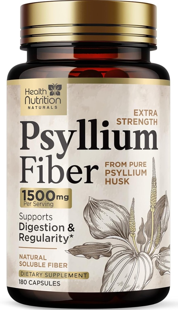 Psyllium Husk Kapsule 1500 mg - Prírodné Fiber Supplement Pills, Daily Digestion, Colon Health, & Regularity Support, Plant Based Psyllium Husks Powder Caps, Vegan, Non-GMO - 180 Veggie Capsules