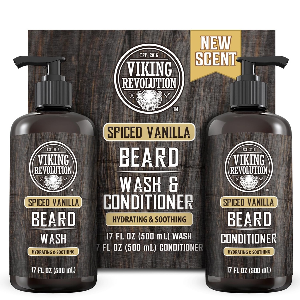 Viking Revolution Beard Wash and Beard Conditioner pre mužov s arganovým olejom a jojobovým olejom - bradový zmäkčovač a spevňovač medvedí šampón a kondicionér s medvedím olejom (17oz pikantná Vanilla)