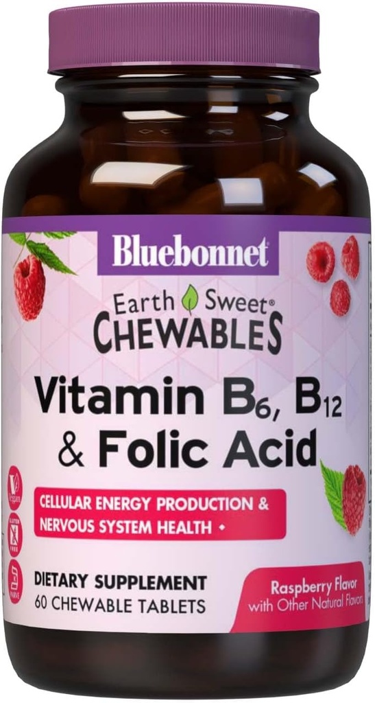 Bluebonnet Nutrition Earth Sweet Vitamin B6, B12, Plus Folic Acid Chewable Tablets, Vegan, Vegetariánska, Gluten Free, Sója Free, Milk Free, Kosher, 60 Žuvacie tablety, Malinová príchuť