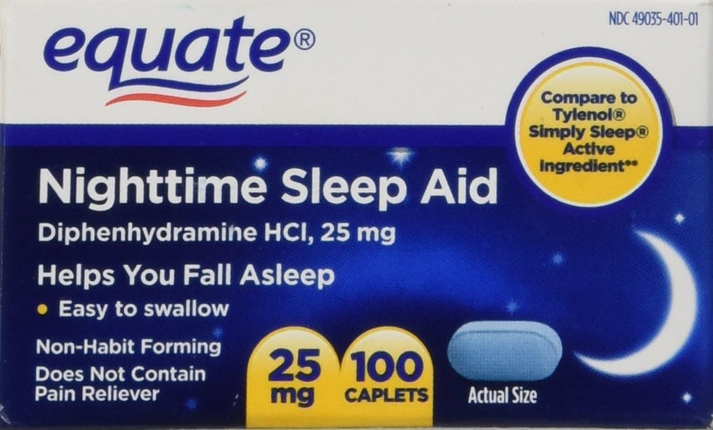 Equate Nighttime Sleep Aid 25 mg, 00 Mini- Caplets, 100 count