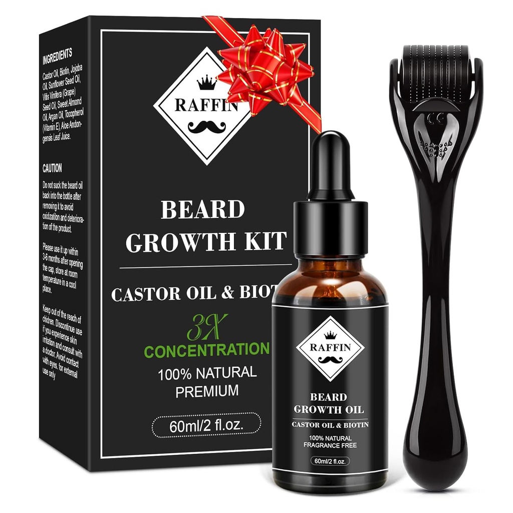 RAFFIN Bed Growth Kit, Upgrade Beard Growth Oil (2Oz) w/Maximálne zhrubnutie Biotin & Castor Oil pre Spot/Patchy Beard, Dosiahnutie plnšie, Silnejšie a zdravšie medvedíky, Darčeky pre neho priateľ manžel otec