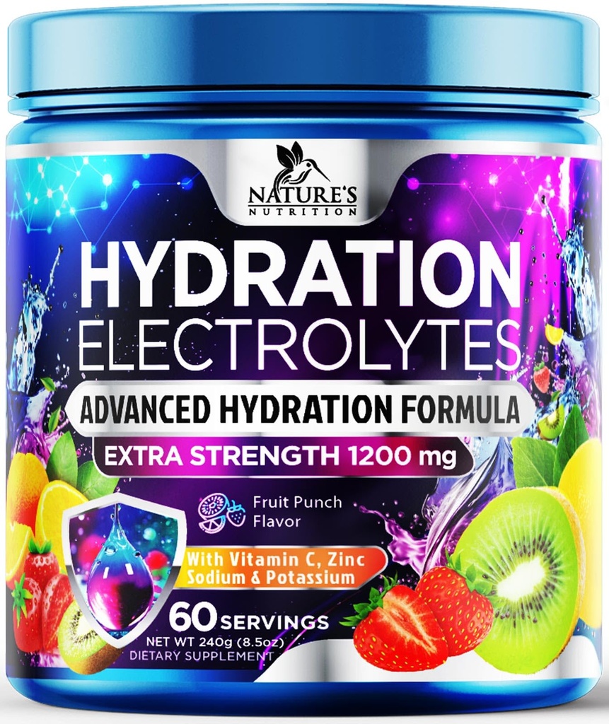 Hydratačný Elektrolyt Powder 1200mg - Denný tekutý plazivý nápoj Mix - Electrolyte Multiplier s minerálmi, draslíkom a skutočnou soľou, Keto, NeGMO - Chutné ovocné príchute Elektrolyty - 60 Servisné služby