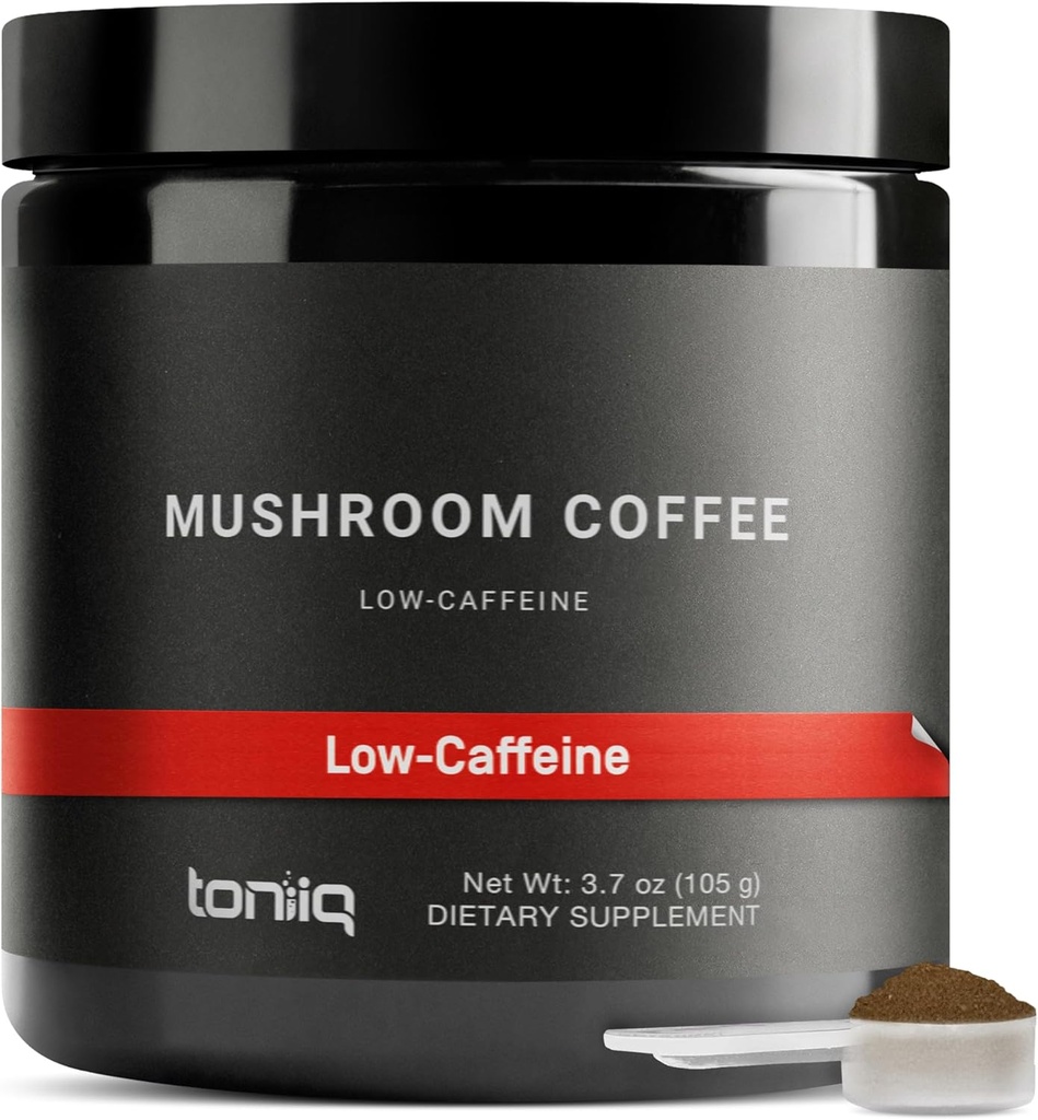 Toniiq Low-Caffeine Hubová káva - Ultra vysoká potencia 10:1 Koncentrovaný extrakt - Kolumbijská fazuľa s 10 Huba Blend, Lion Mane & Cordyceps - Funkčná káva alternatíva