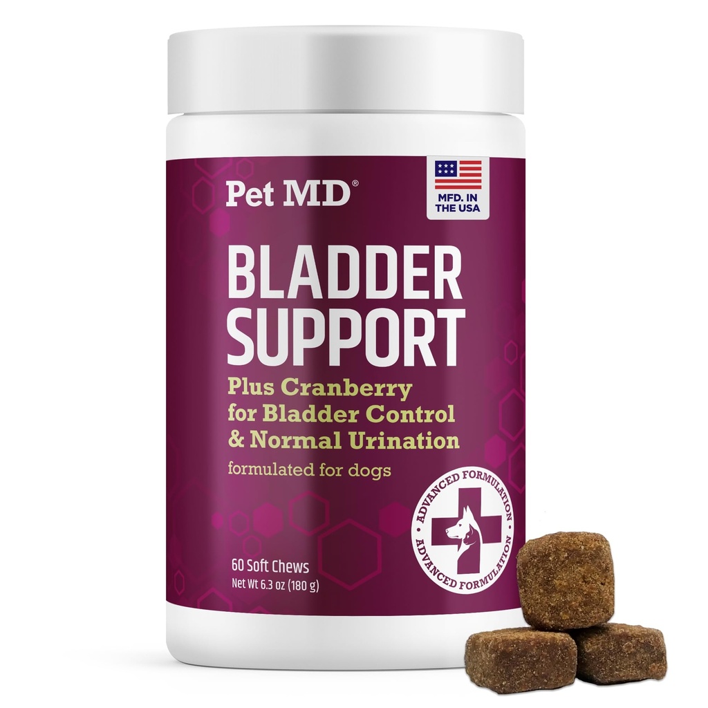 Pet MD Bladder Support Plus Cranberry pre psy - Podpora Kontrola močového mechúra a zdravie močových ciest - Pomoc Reliéve Dog UTI & Incontinence - Wild Yam Root & Cranberry Bladder Bites pre psy - 60 ct