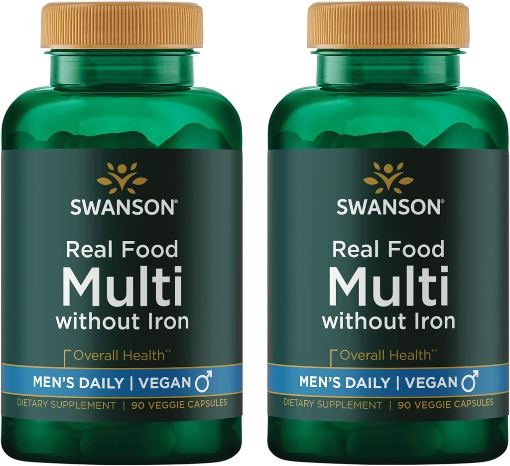 Swanson Real Food Multi Mužské multivitamínové multiminerálne Mužské zdravotné prostaty Stresová reakcia Rebrík Supplement Vegan Gluten-free non-GMO 90 Veggie Kapsule Veg Caps (2 balenia)