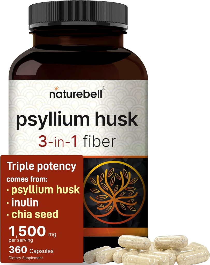 NatureBell Psyllium Husk Fiber Supplement, 1500mg Per Serving, 360 Kapsule 