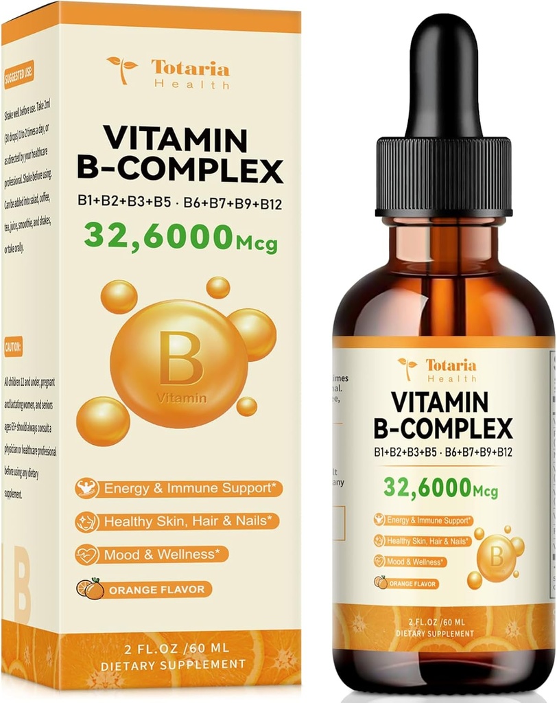 Vitamin B Complex Liquid with Thiamine, Riboflavin, Niacin, Pantothenic Acid, Pyridoxine, Botin, Folic, Methylcobalamin - 2 Fl. Oz.