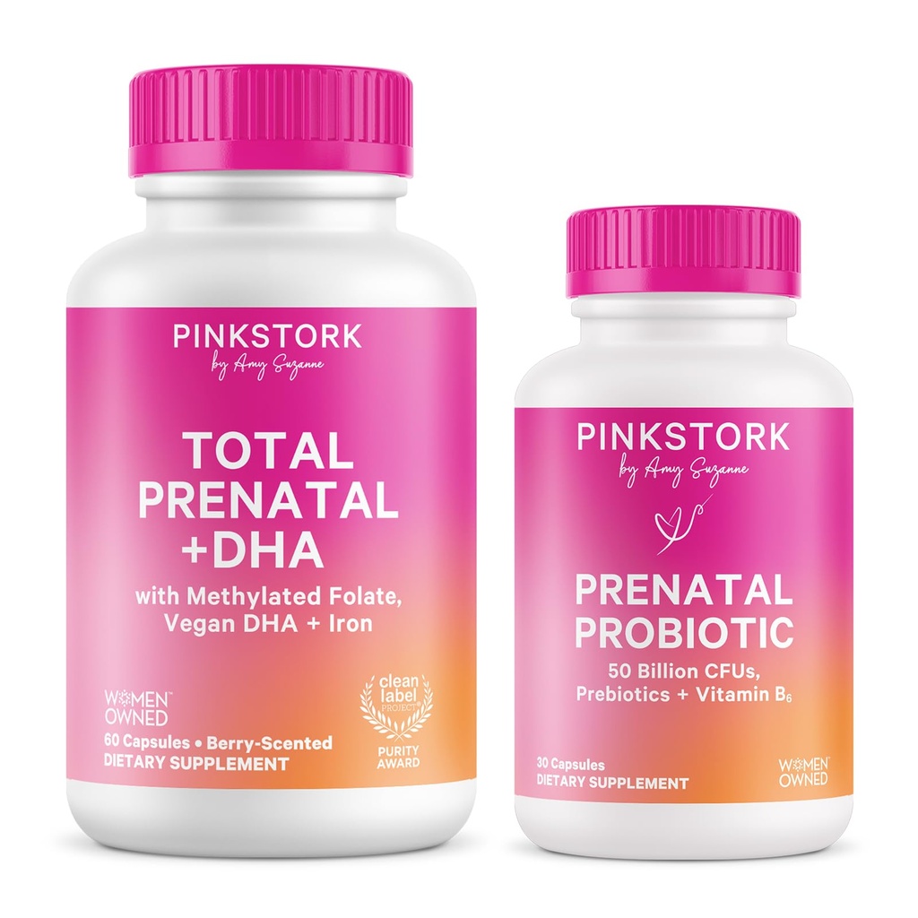 Ružový bocian prenatálny vitamín Duo: prenatálne vitamíny a probiotiká pre tehotné ženy -Podpora rannej choroby a rozvoja plodu s DHA, folát, vitamín B6 a ďalšie - 2 produkty, 90 kapsúl