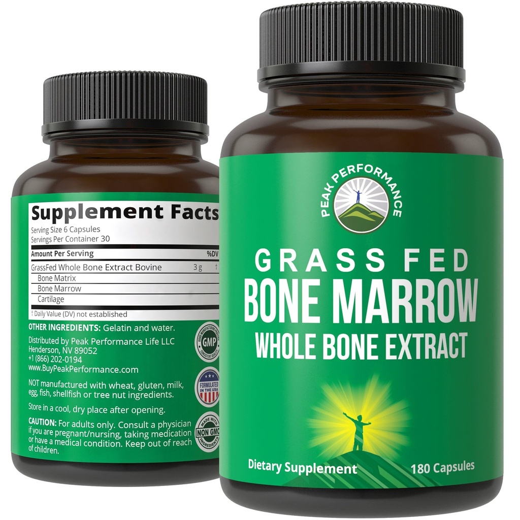 Peak Performance Grass Fed Bone Marrow - celý kostný extrakt doplnok 180 Kapsule Superfood pilulky bohaté na kolagén, vitamíny a aminokyseliny. z kostnej Matrix, Marrow, Kartilage. Tablety predkov
