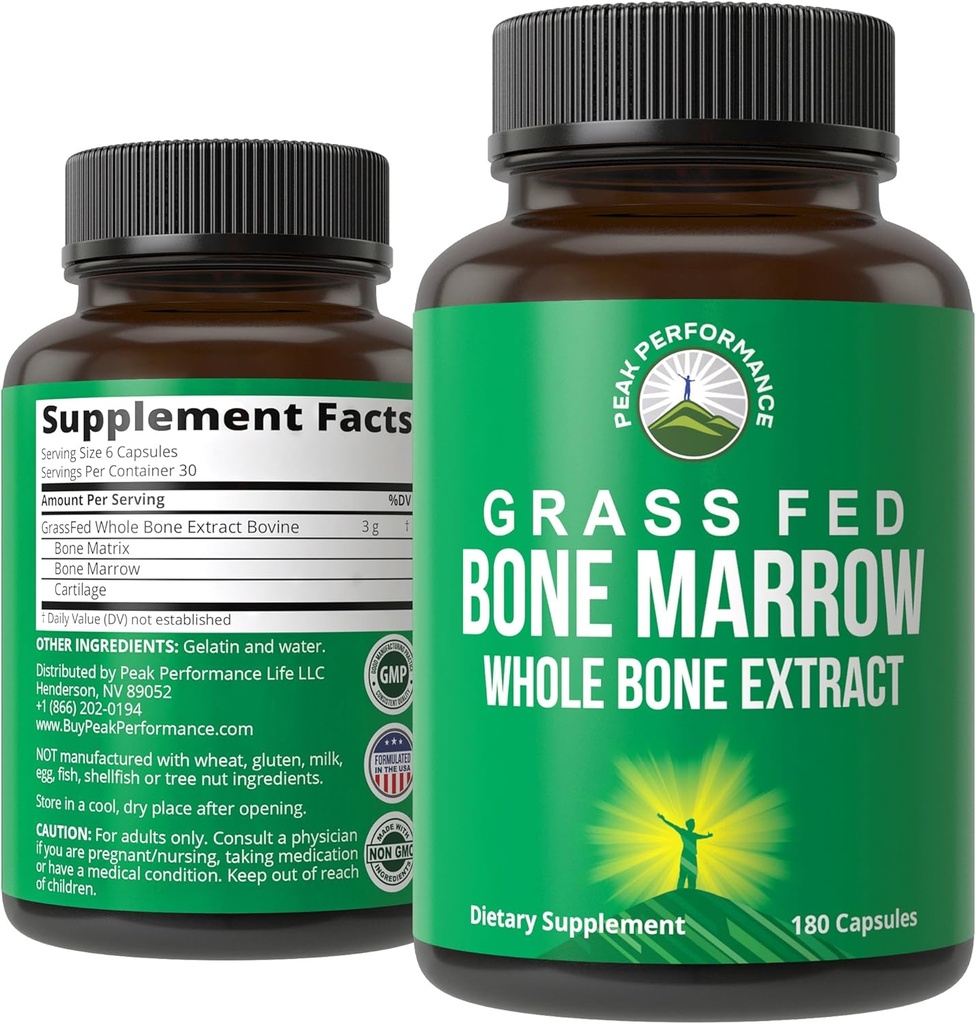 Peak Performance Grass Fed Bone Marrow - celý kostný extrakt doplnok 180 Kapsule Superfood pilulky bohaté na kolagén, vitamíny a aminokyseliny. z kostnej Matrix, Marrow, Kartilage. Tablety predkov