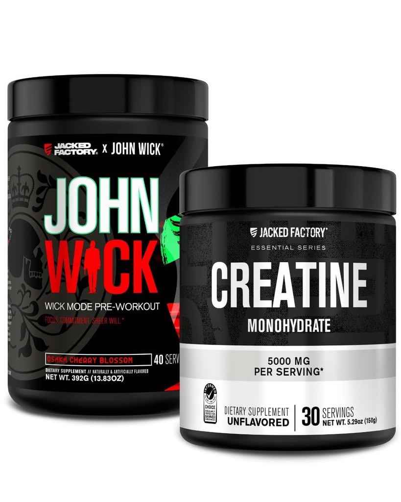 Jacked Factory X John Wick - Wick Mode Pred tréningový prášok (Osaka Cherry Blossom, 40 Servings) a Creatin Monohydrate Powder (Unflavred, 30 Servings)
