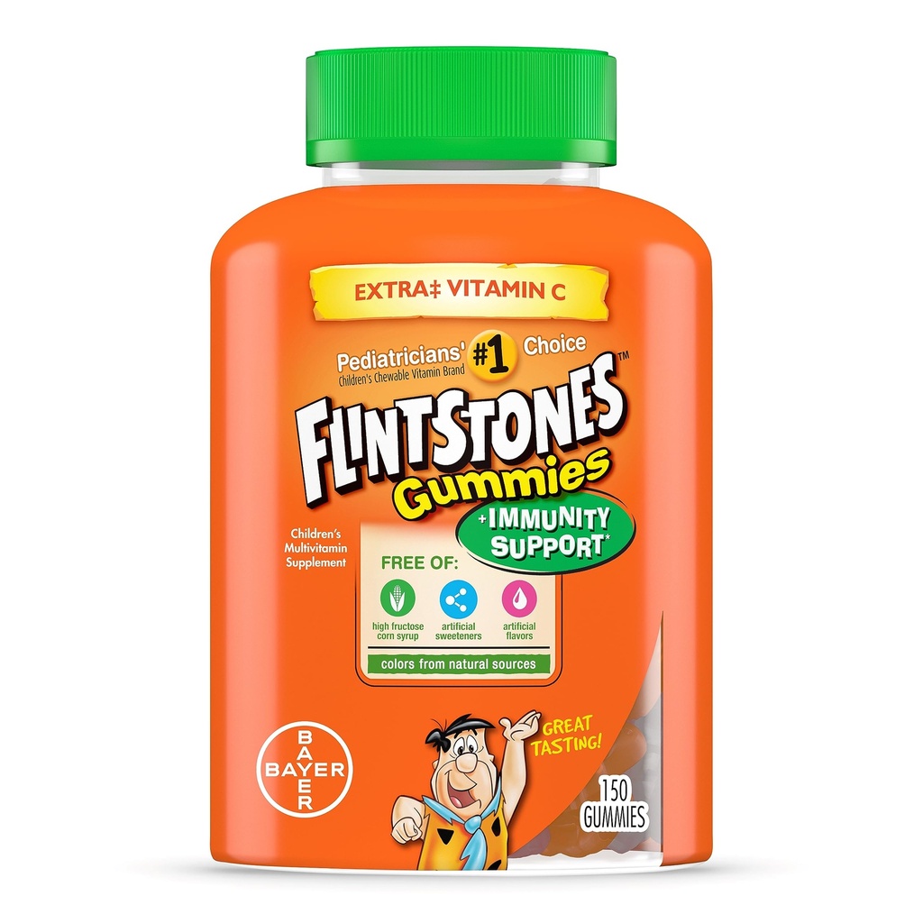 Flintstones Gummies Deti Vitamíny s podporou imunity*, Deti a batoľa Multivitamín s vitamínom C, vitamín D, B12, Zinok a viac, Oranžová 150ct