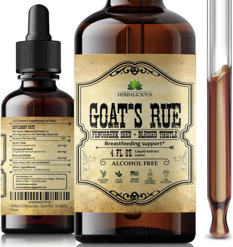 HERBALICIOUS Kozí Rue Liquid Extract 4 fl oz - Prírodný bylinný tinktúra s kozou Rue, senovka grécka semená, Požehnaný bodliak - Alkohol bez Non-GMO Laktácia Dodatok pre zvýšené materské mlieko
