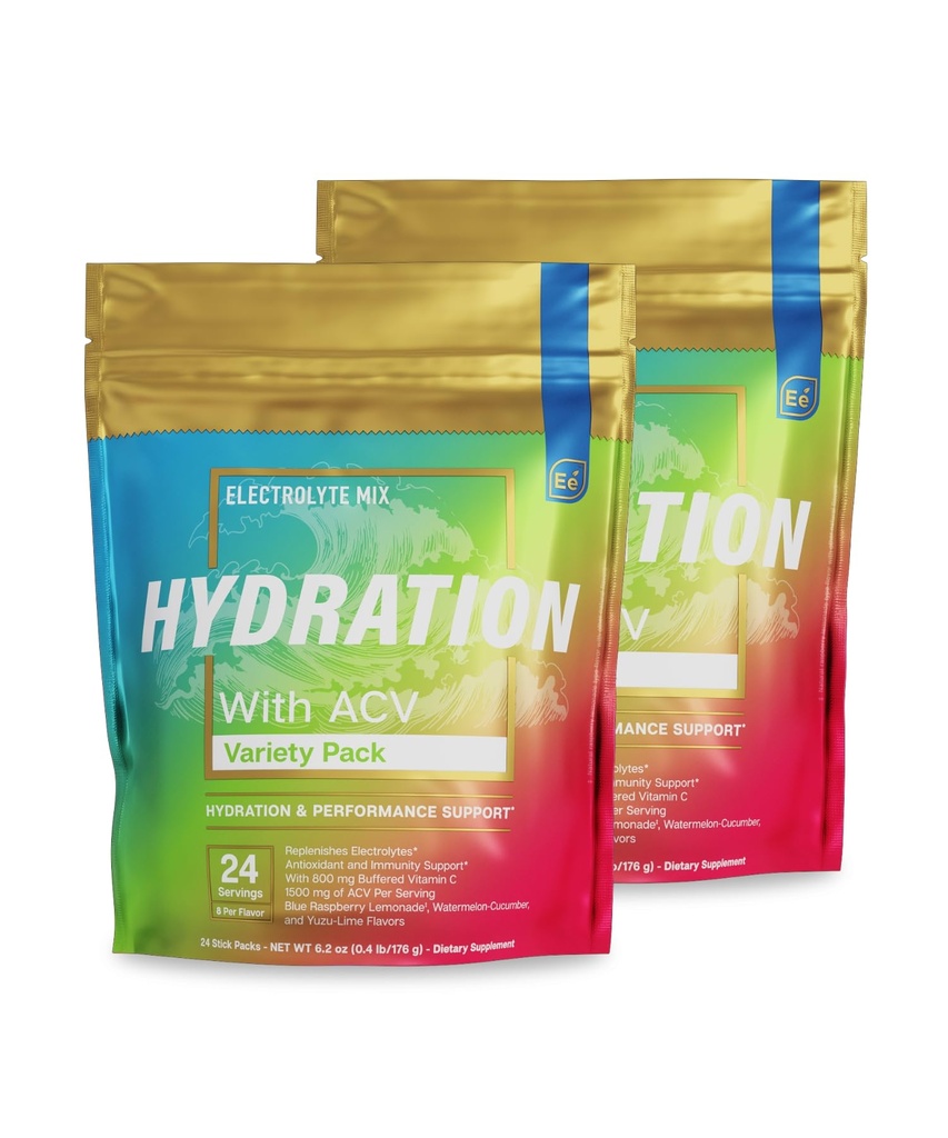 Essential Elements® Hydratačné balíčky - Balíčky odrôd - Powder Electrolytes Bez cukru - Electrolyte Drink Mix - Superior Hydratácia s ACV & Vitamín C - 48 Stick balenia