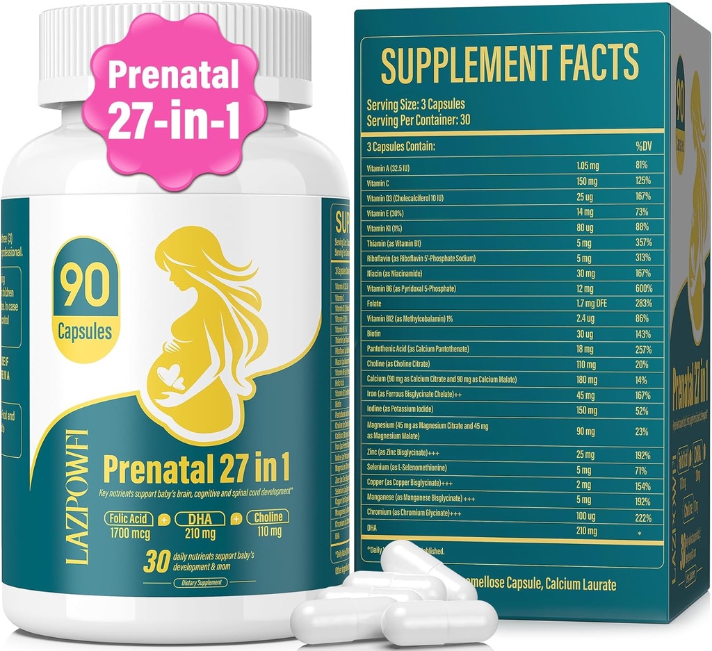 Prenatálne vitamíny pre ženy Postnatálny multivitamín s kyselinou listovou DHA cholín pre tehotné a dojčiace ženy Niacínamid Biotín a minerály 27 v 1 dodatku 90 Kapsuly-30 Podávatelia