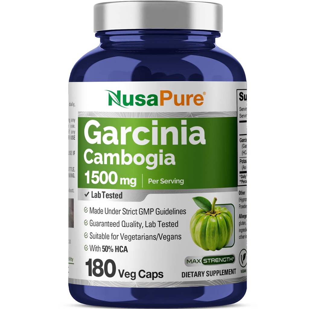 NusaPure Garcinia Cambogia 180 Veggie Kapsule 1500 mg (Vegetariáni, Non-GMO, Vegan)