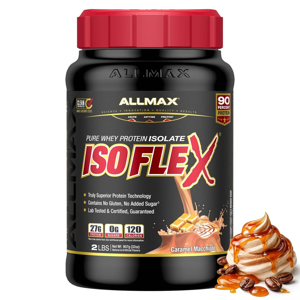 ALMMAX Nutrition ISOFLEX Srvátkový proteín izolát, karamel Macchiato - 2 lb - 27 gramov proteínu na odmerku - nula tuku a cukor - 99% bez laktózy - bez lepku a bez sóje - približne 30 dávok