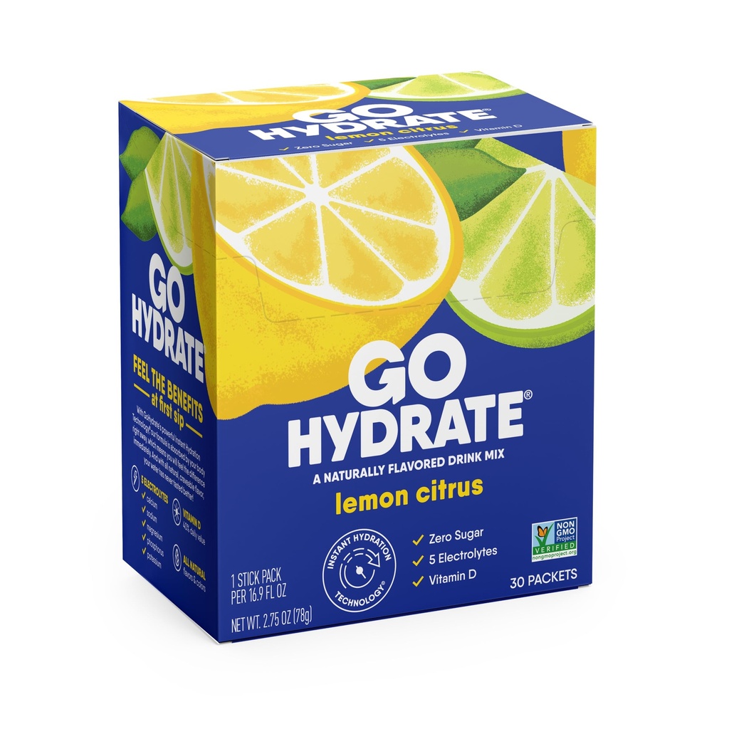 GoHydrate Instant Hydration Powder Pakets - Nízky obsah sodíka Electrolytes Drink Mix - Prírodná hydratačná podpora, Bezcukrový Electrolyt Ochutený prášok Nápoj s vitamínom D, 30 Balíčky, citrón Citrus