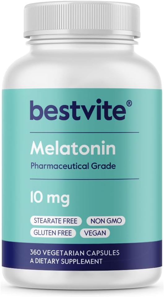 BESTVITE Melatonín 10 mg - 360 Veg Caps - žiadne stearáty - žiadna sukralóza, žiadna dextróza, žiadny oxid kremičitý, žiadny Manitol - Vegan - Non-GMO - bez lepidla - Spánková pomoc na podporu cyklu odpočinku a prebudenia