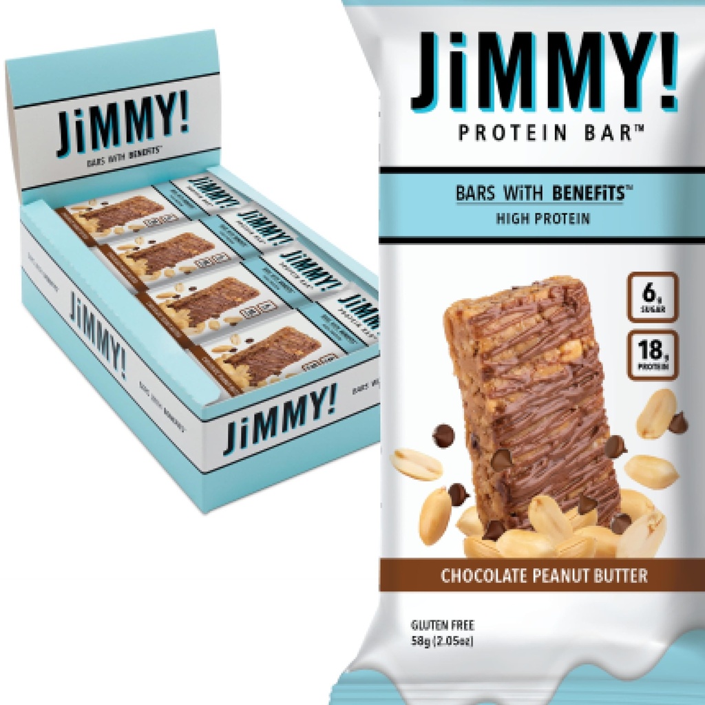 JIMMYBAR! Čokoládové arašidové maslo Proteínové tyčinky 18g Bielkoviny Bar, 6g Nízky cukor - 12 Gróf - 58g Zdravotné tyčinky - Funkčný šálok s skutočnými arašidy a ručne striekanou čokoládou