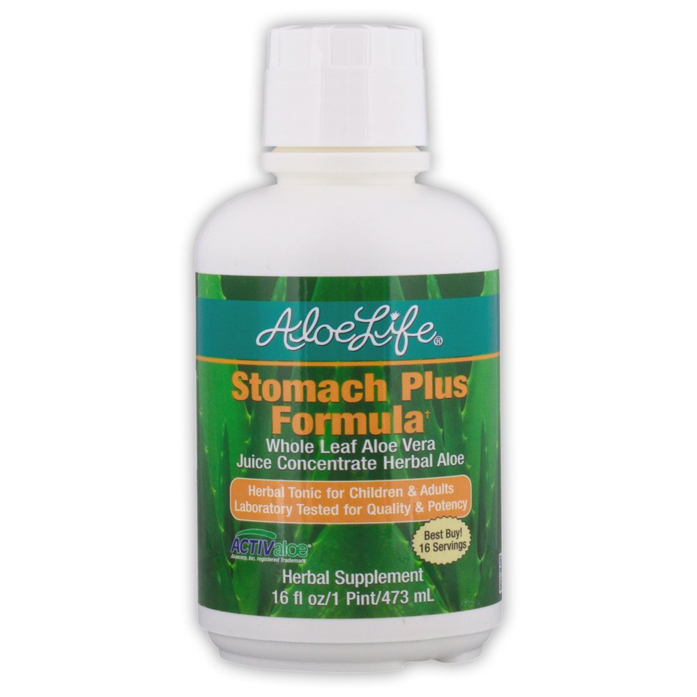 Aloe Life - Žalúdočný Plus Formula, Fast-Acting Tonic pre deti, dospelých, & Seniori, podporuje zdravý trávenie a pomáha upokojiť plyn, Bloating, & Nauzea, Aloe Vera koncentrát, Gluten-free (16 oz)
