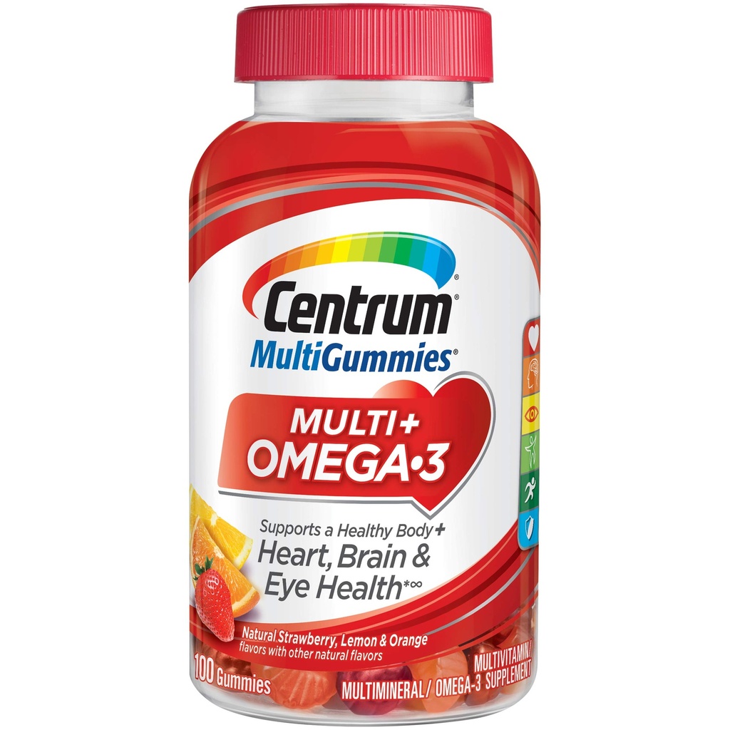 Centrum MultiGummies Omega 3 Gummy Multivitamín pre dospelých, Multivitamínové/Multiminerálne doplnky, Jahodové/Lemonové/oranžové príchute - 100 grófov