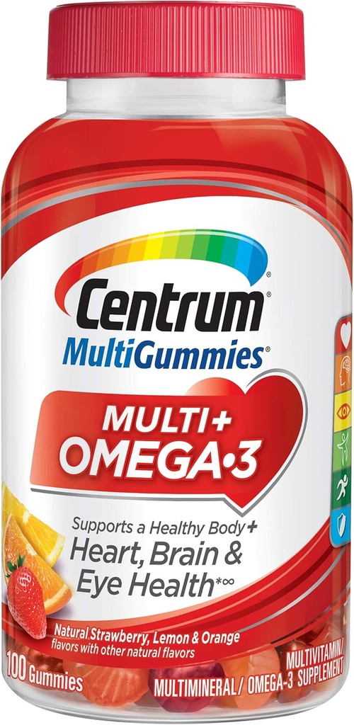 Centrum MultiGummies Omega 3 Gummy Multivitamín pre dospelých, Multivitamínové/Multiminerálne doplnky, Jahodové/Lemonové/oranžové príchute - 100 grófov