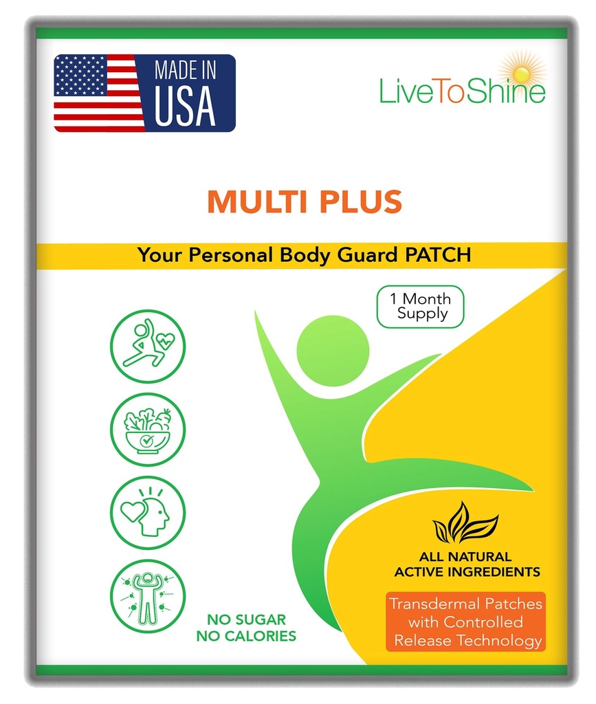 Live To Shine Multi Plus Patch – 30-Day Supply – USA-Made Topical Wellness Patch for Women & Men – Vegan, Sugar-Free, Gluten-Free, Non-GMO – Daily Energy & Immune Support