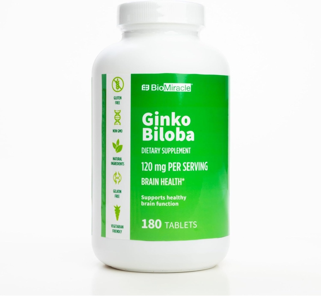 BioMiracle Ginkgo Biloba Dietary Supplement 120 mg Per Serving, Brain Health, podporuje zdravú funkciu mozgu 180 Kapsule