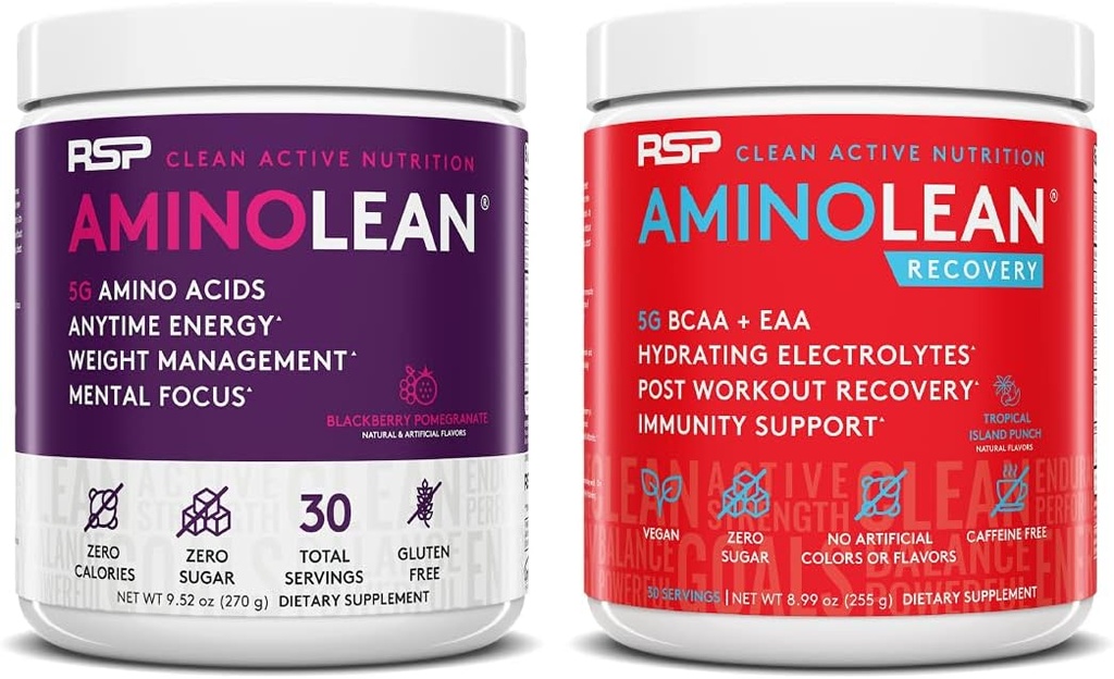 RSP NUTRITION AminoLean pre cvičenie energie (BlackBerry granátové jablko 30 Slúži) s AminoLean zotavenie post cvičenie Boost (Tropical Island Punch 30 Servings)