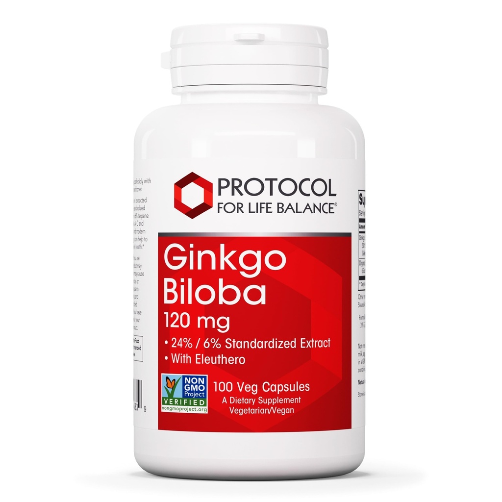 PROTOKOL PRE ŽIVOTNÉ BALANCE Ginkgo Biloba - 120 mg Ginkgo Biloba Extract - s Eleutherom - pre podporu zdravia mozgu a krvného obehu - bez mliečnej stravy a bez GMO - 100 Veg kapsúl