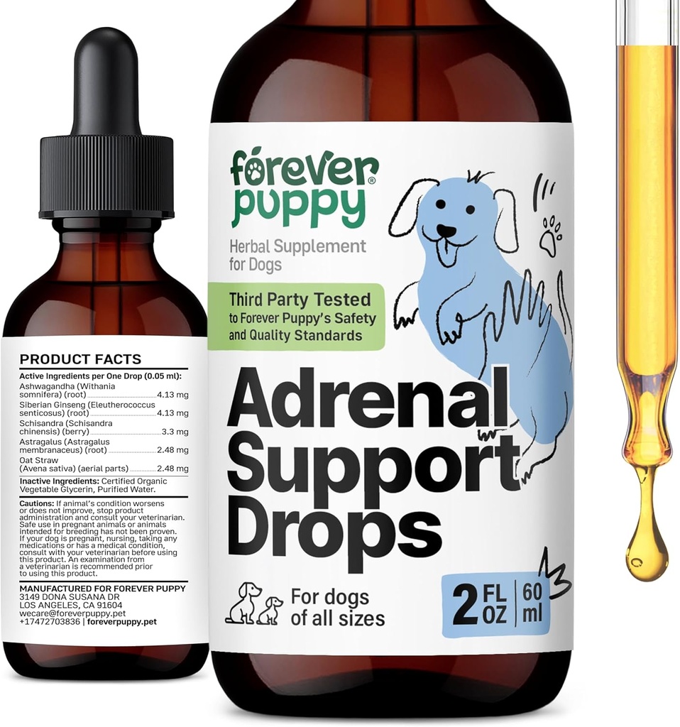 Forever Puppy Adrenal Support Drops for Psy - Pure Ashwagandha & Ginseng Root Tinture for Adrenal Health & Energy Support - Ukľudňujúca starostlivosť Liquid Supplement for Psy of All Breeds & Size - 2 oz