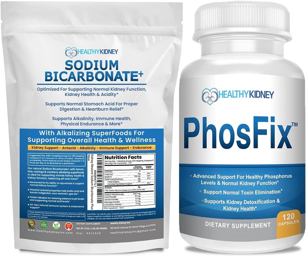 Organické Sodík bikarbonát Alkalický doplnok Bundle 2LB prášok pre alkalickosť, Obličky & Acid Podpora + PhosFix 120 Pilulky Fosfor Binder pre zdravé hladiny fosforu a obličky Zdravie Renálna podpora