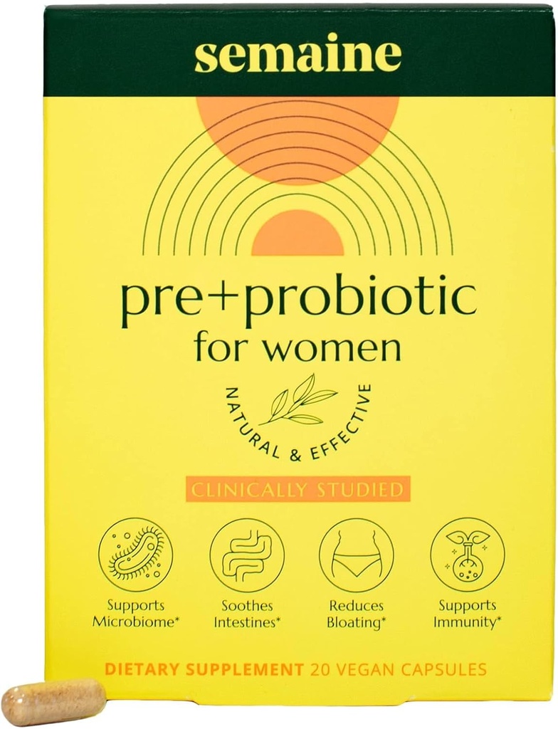 Semaine Super Powered Prebiotic + Probiotic for Women, Efektívne 3-in-1 Multi-Action Formula to Nurish Gut Health, Soothe IBS, Podpora Bloat Relief & Imunity Boost, Klinicky študované (20 ct)