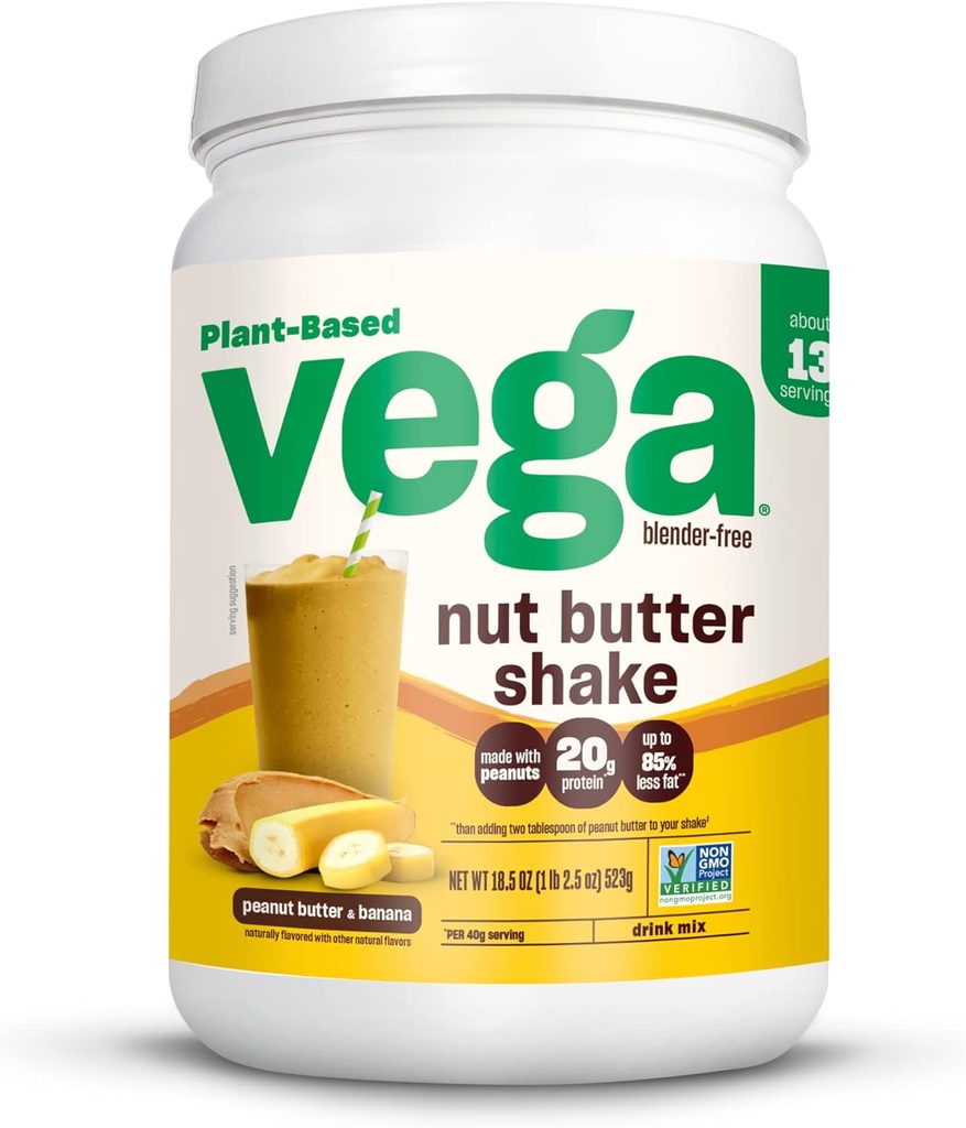 Vega Nut Butter Shake, Arašidové maslo & Banana - Vegan Protein Powder, 20g Protein, Real Food Ingredients, No Added Sugar, 1,39 libier