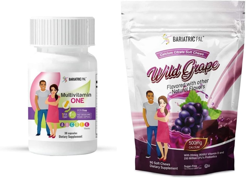 BariatricPal Duodenal Switch Kompletný 30-dňový prísun vitamínového balenia (iron-free kapsula kalcium Citrát mäkké žuvačky s probiotikami - divoké hrozno)