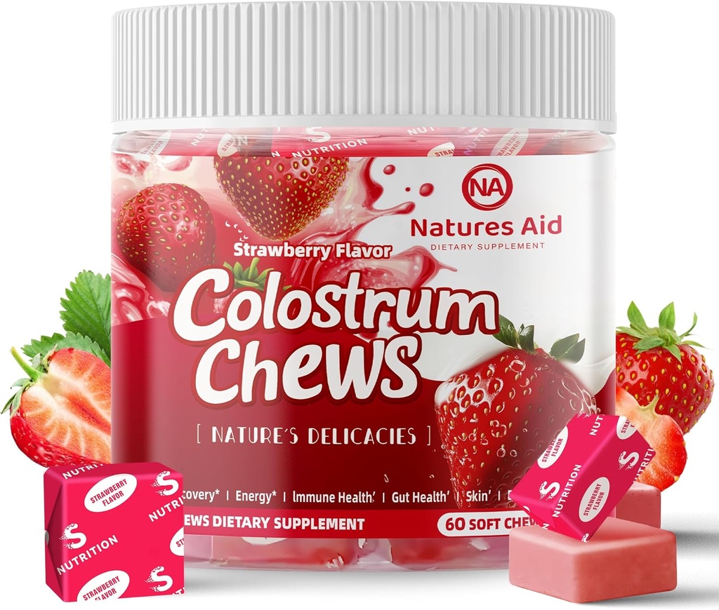 Colostrum Chews Supplement with probiotiká for Gut Health, Bloating, Immune Support, Koža, rast vlasov a krásy - Jahodová chuť (60 Servings)