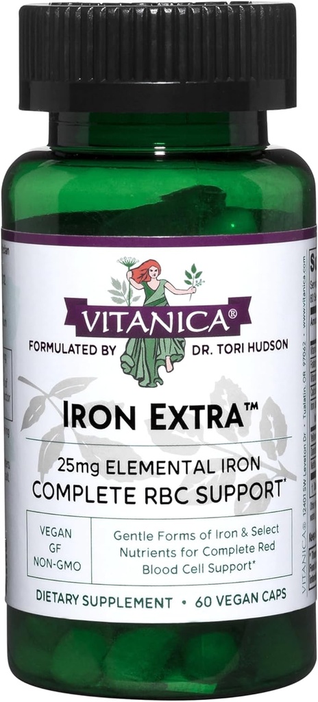 Vitanica Iron Extra, Iron Supplement Enhanced Absorption with Vitamin C 500mg, Methylfolate 400mcg, B12 Vitamin 500mcg, Calcium, Yellow Dock, Dandelion Root & Nettle Leaf Extract, Vegan, 60 Capsules