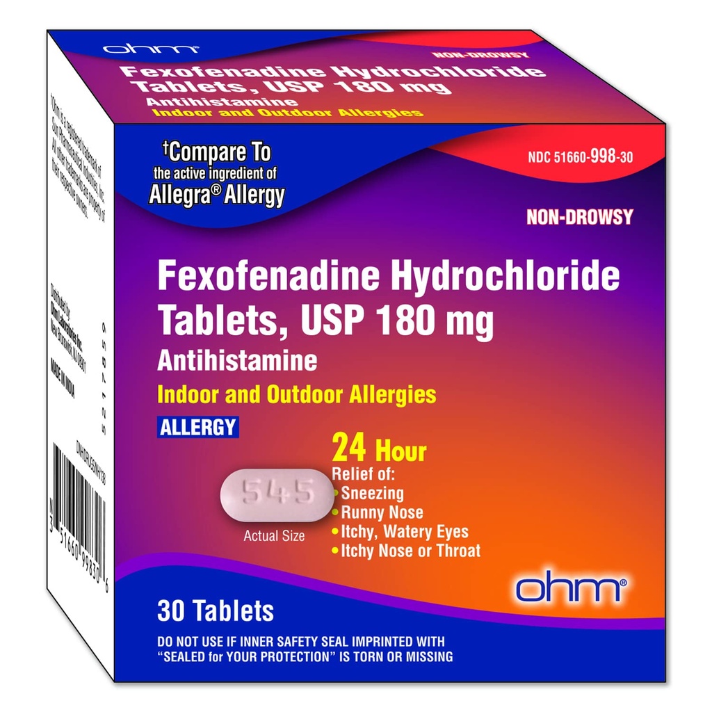 Ohm Non-Drowsy Fexofenadín Antihistaminikum Indoor Outdoor Alergy Relief Tablets 30ct